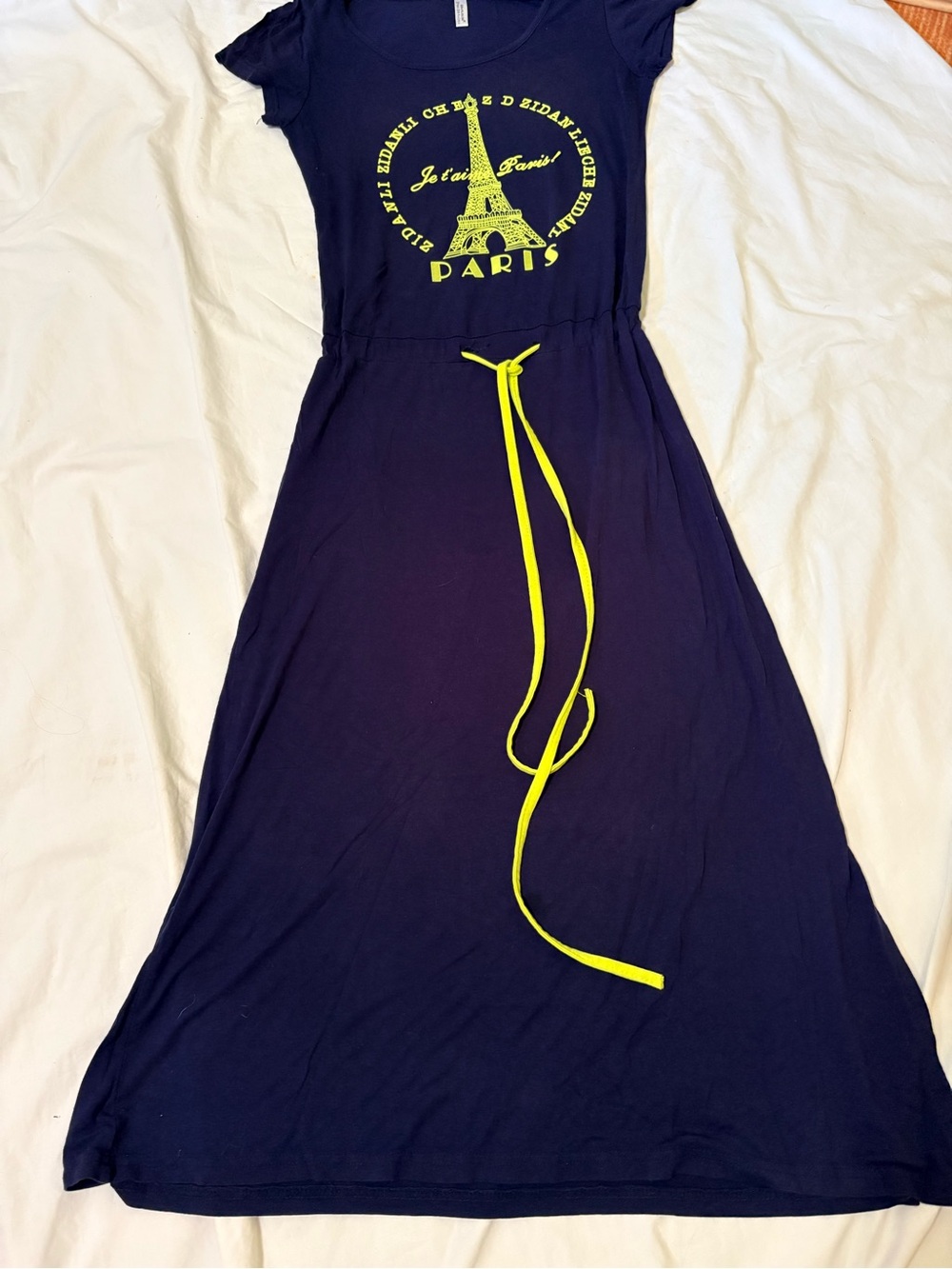 Navy Paris Graphic Maxi Dress with Neon Yellow Drawstring